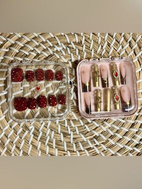 CUSTOM 2 Sets 3-D Red Champagne Stones & Floral Pearl Jewels Coffin Faux Nails 💅